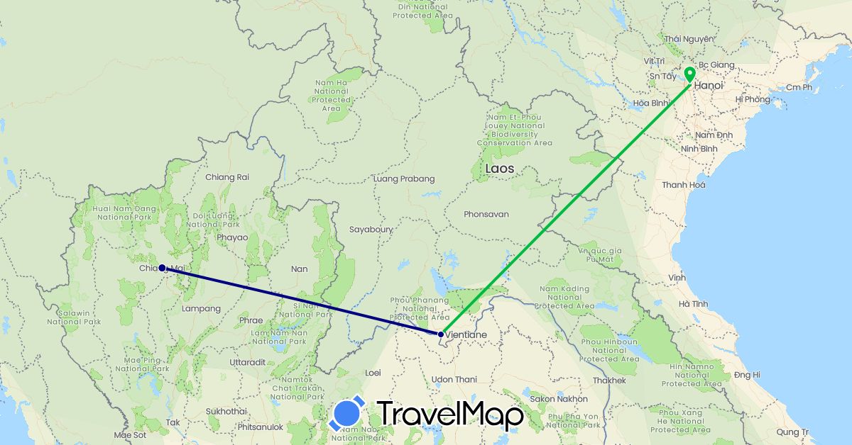 TravelMap itinerary: driving, bus in Laos, Thailand, Vietnam (Asia)